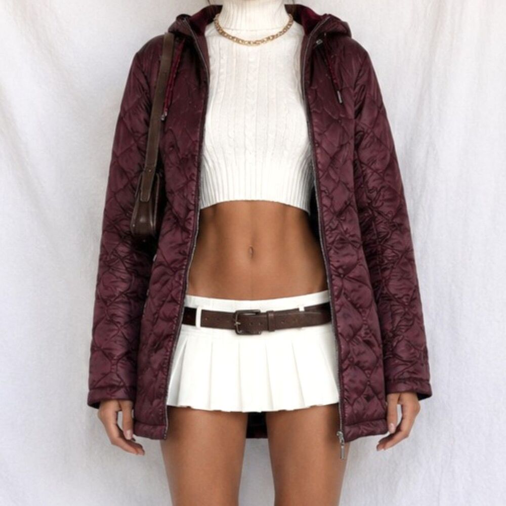 Vintage Y2K Burgundy Red Puffer Jacket Winter Coat Casual Hoodie Size XS/S